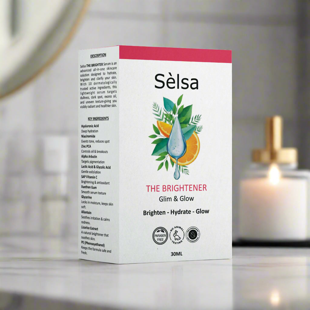 Glow Serum Pakistan Selsa The Brightener 30ml front box packaging with vitamin C niacinamide hyaluronic acid for brightening hydrating glowing skin