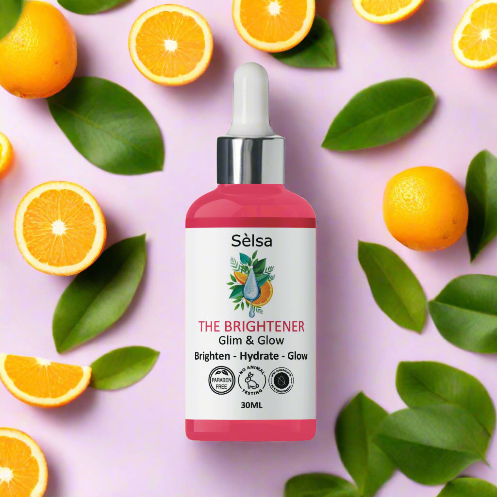 Glow Serum Pakistan Selsa The Brightener 30ml brightening hydrating face serum with oranges on pink background for glowing healthy skin