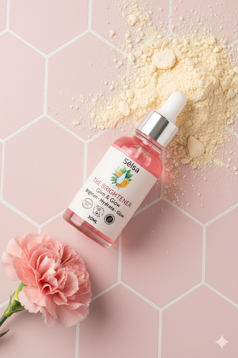 Glow Serum Pakistan Selsa The Brightener 30ml bottle with powder and pink flower on pastel background for brightening hydrated skin